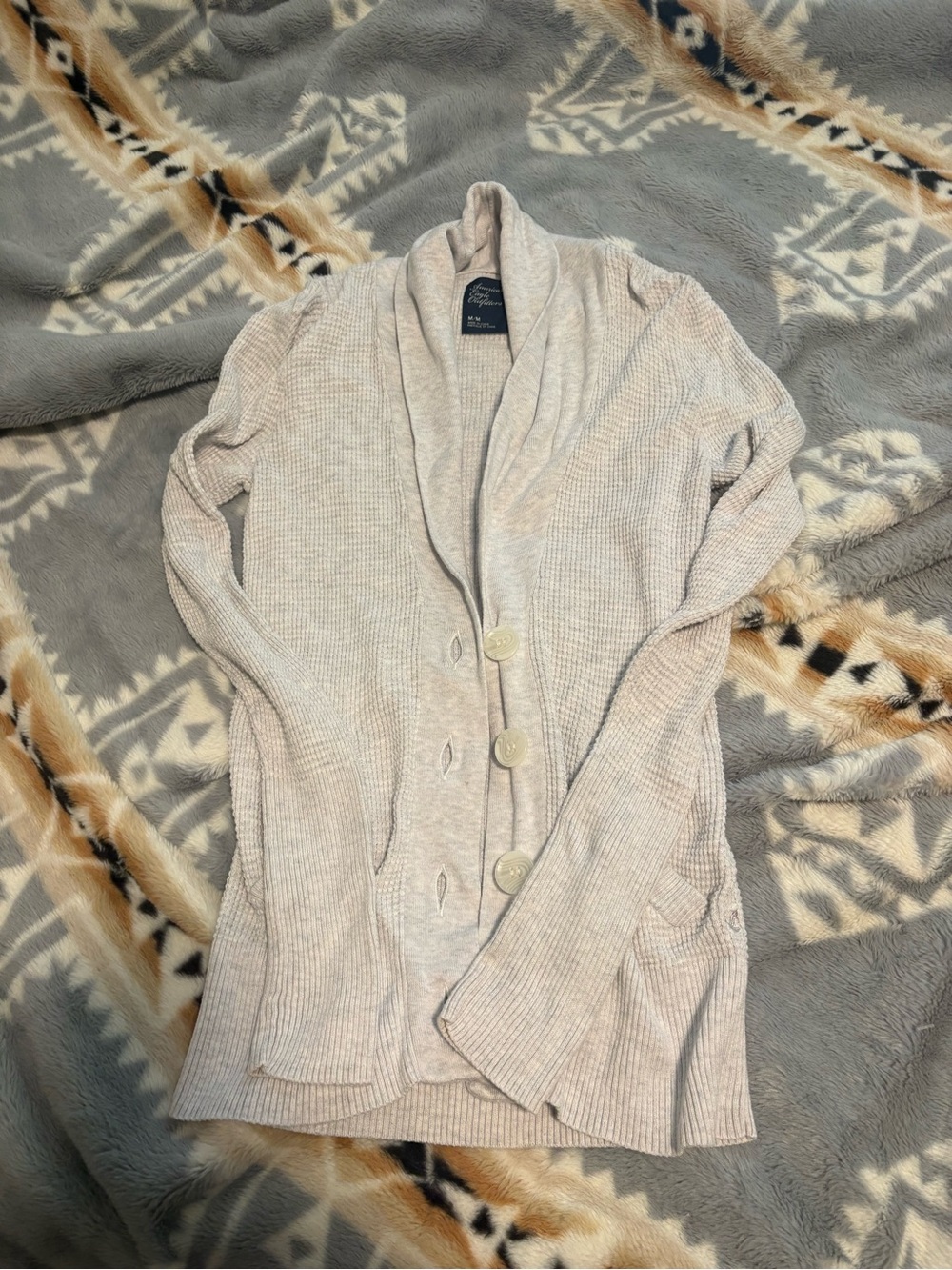 American Eagle Outfitters Cream Ribbed Shawl-Collar Button Cardigan